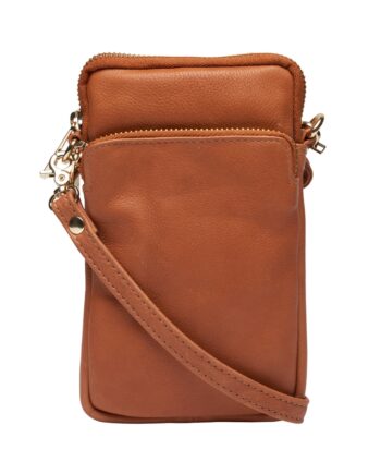 Cognac Mobil Taske med Guld Detaljer – Elegant Stil og Funktionalitet