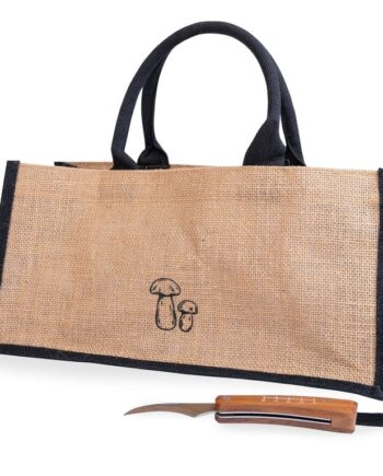 Beige/sort svampetaske med foldbar kniv til svampejagt