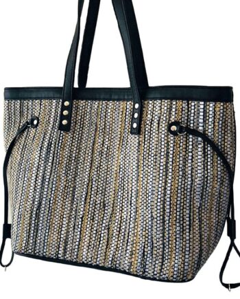 Hvid Unika Taske Håndvævet Bomuld Sort Læder - Tibladin Tasker